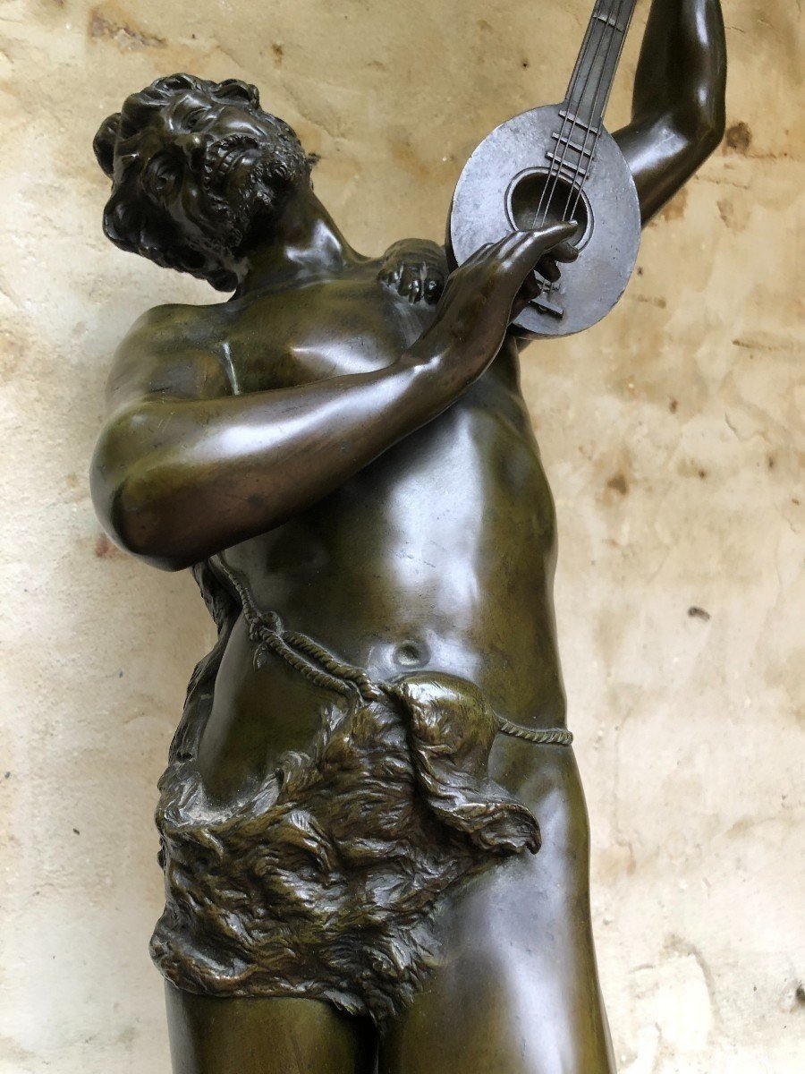 Large Bronze Sculpture "musician Man" Signed Rousseau, 19thc.-photo-3