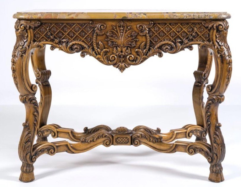 Ornately Carved Oak Center Table With Marble Top Circa 1920-photo-2