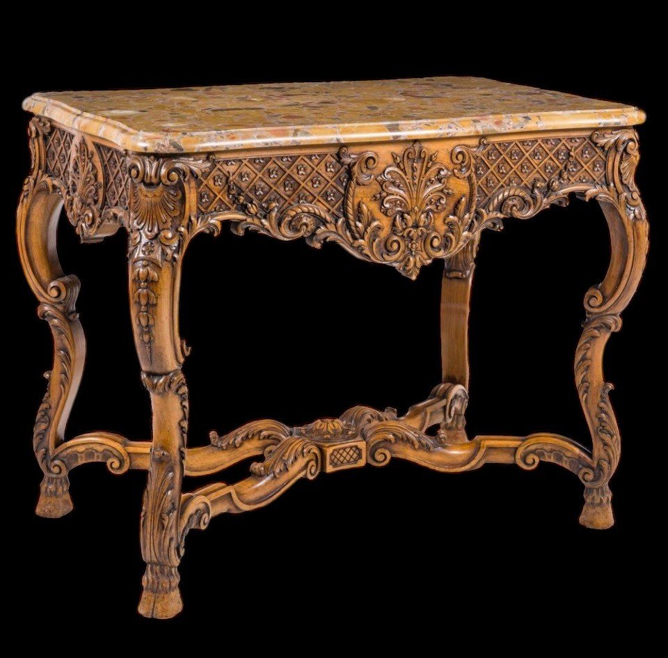 Ornately Carved Oak Center Table With Marble Top Circa 1920-photo-1