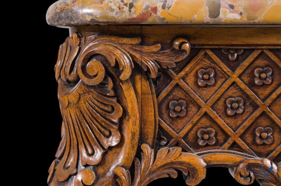 Ornately Carved Oak Center Table With Marble Top Circa 1920-photo-4