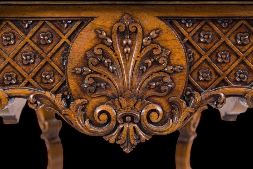 Ornately Carved Oak Center Table With Marble Top Circa 1920-photo-5