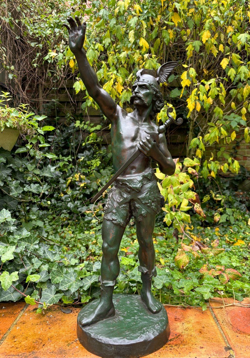 "vercingétorix" Sculpture En Bronze à Patine Verte 19ème ( 83 Cm )