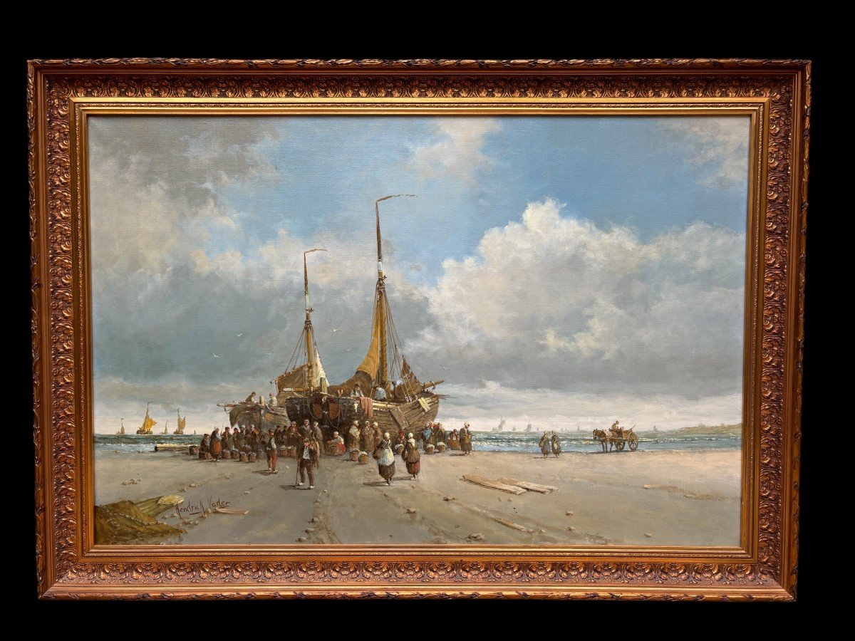 Grand Tableau Décoratif " Vue De La Plage " Huile Sur Toile 20ème.