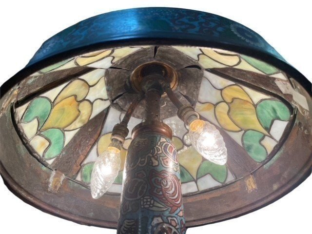 "tiffany Style" Floor Lamp In Gloisonné At The Beginning Of The 20th Century.-photo-3