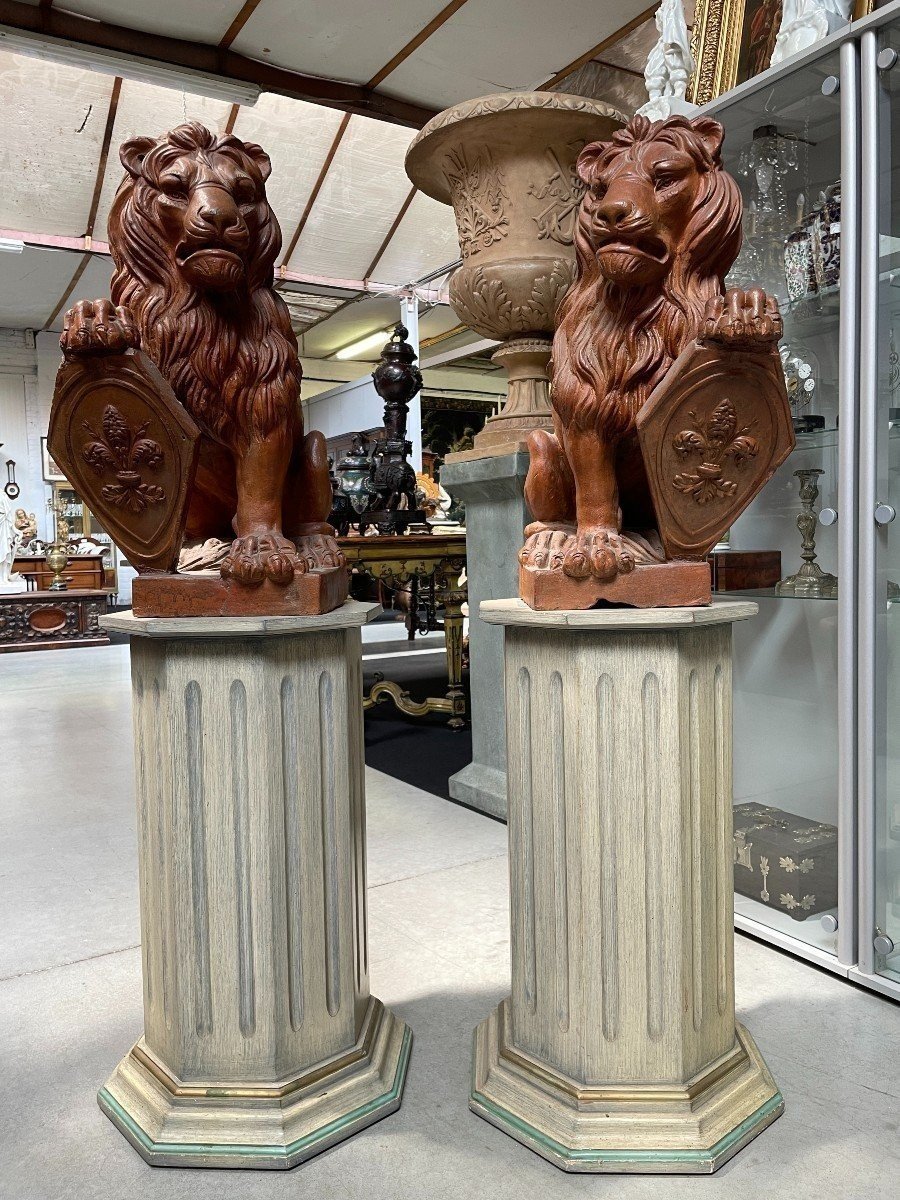 Paire De Lions Décoratifs Avec Boucliers En Terre Cuite 1900-photo-7