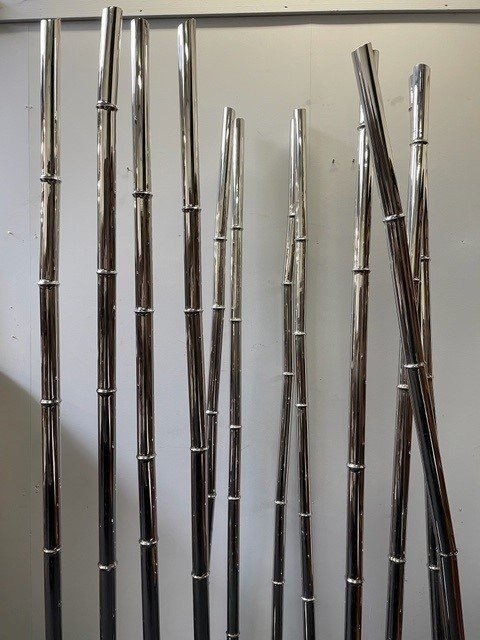 Set Of 3 Large Decorative Elements Modern Art "faux Bamboo" In Steel 20th Century.-photo-3