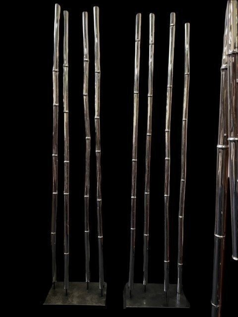 Set Of 3 Large Decorative Elements Modern Art "faux Bamboo" In Steel 20th Century.-photo-1