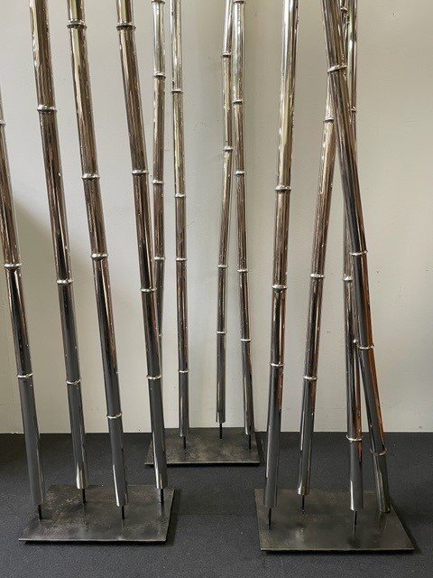 Set Of 3 Large Decorative Elements Modern Art "faux Bamboo" In Steel 20th Century.-photo-4