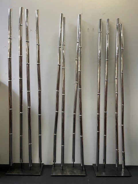 Set Of 3 Large Decorative Elements Modern Art "faux Bamboo" In Steel 20th Century.-photo-7