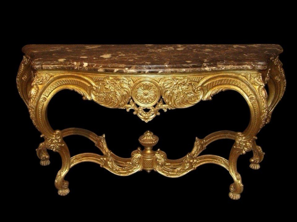 Large Louis XV Style 4-legged Console Table In Gilded Wood, 19th Century.-photo-2