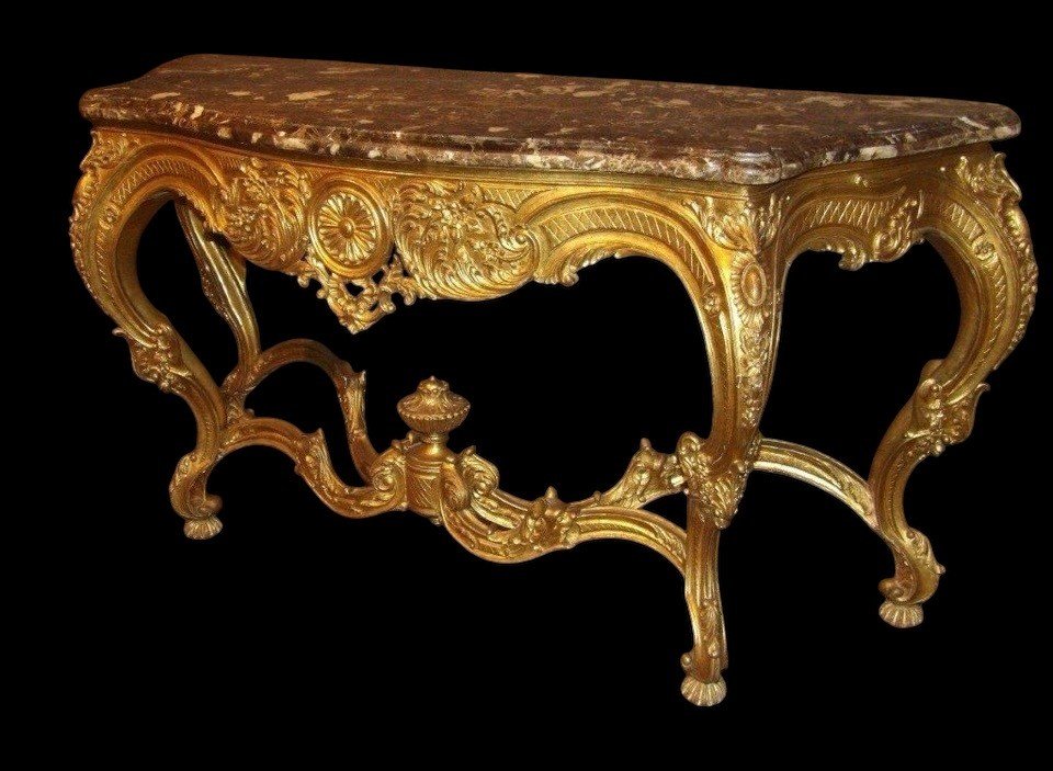 Large Louis XV Style 4-legged Console Table In Gilded Wood, 19th Century.-photo-3