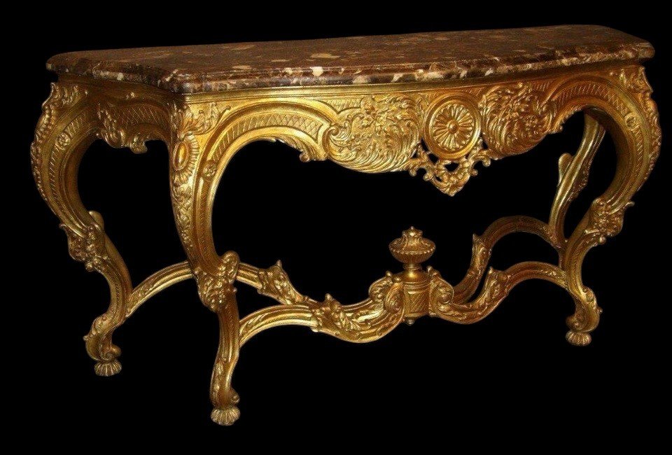 Large Louis XV Style 4-legged Console Table In Gilded Wood, 19th Century.