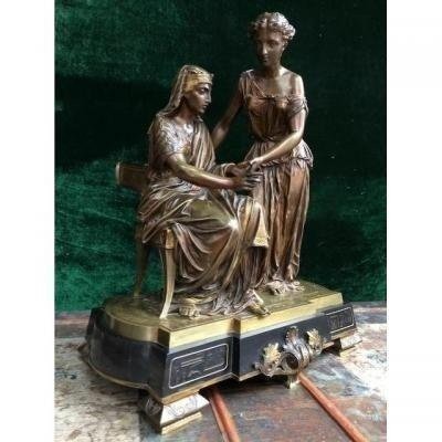 Decorative Sculpture "return From Egypt" 2 Bronze Figures 19th Century.-photo-2