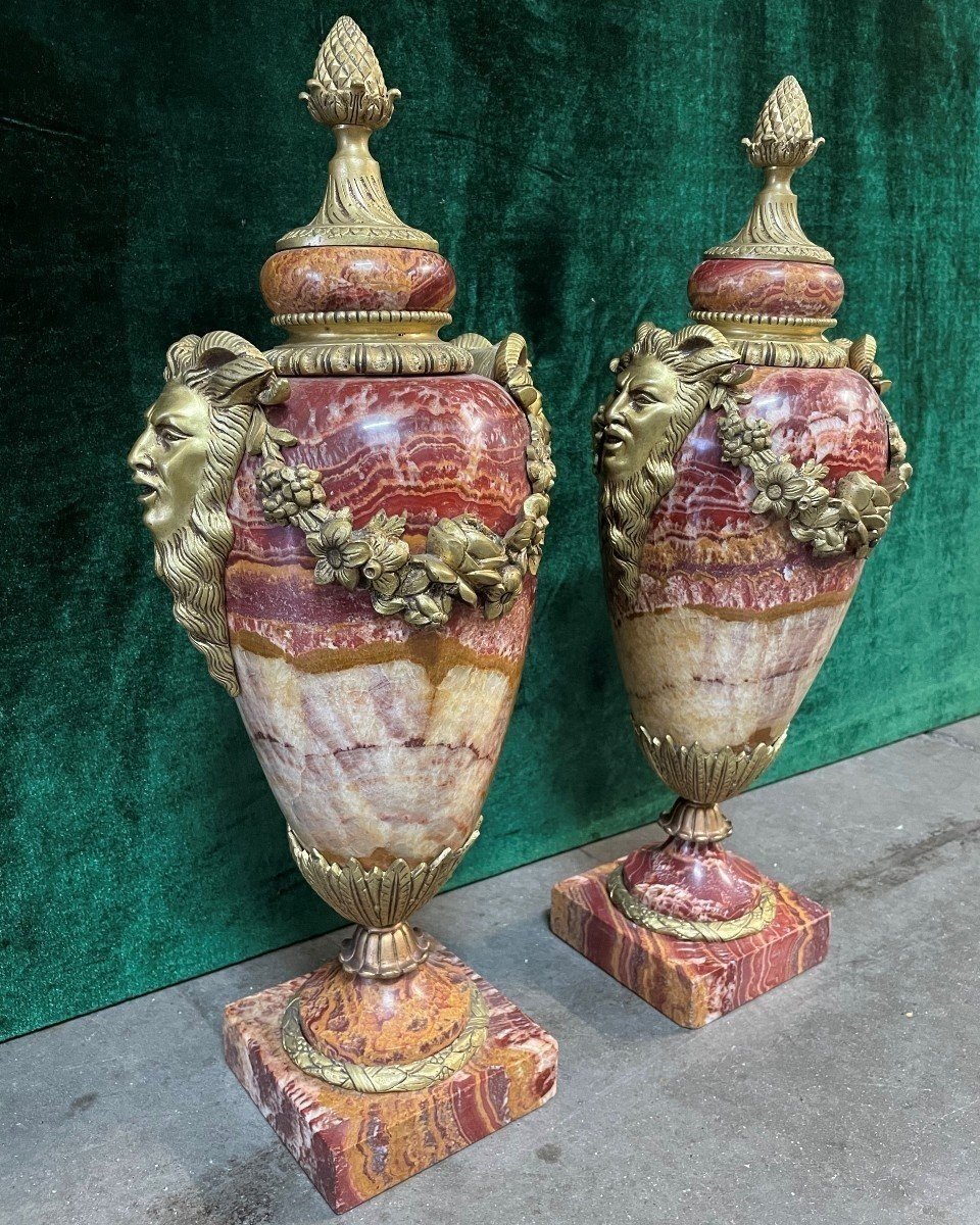 Pair Of Large Beautifully Coloured Marble Cassolettes 19th Century (56 Cm).-photo-2