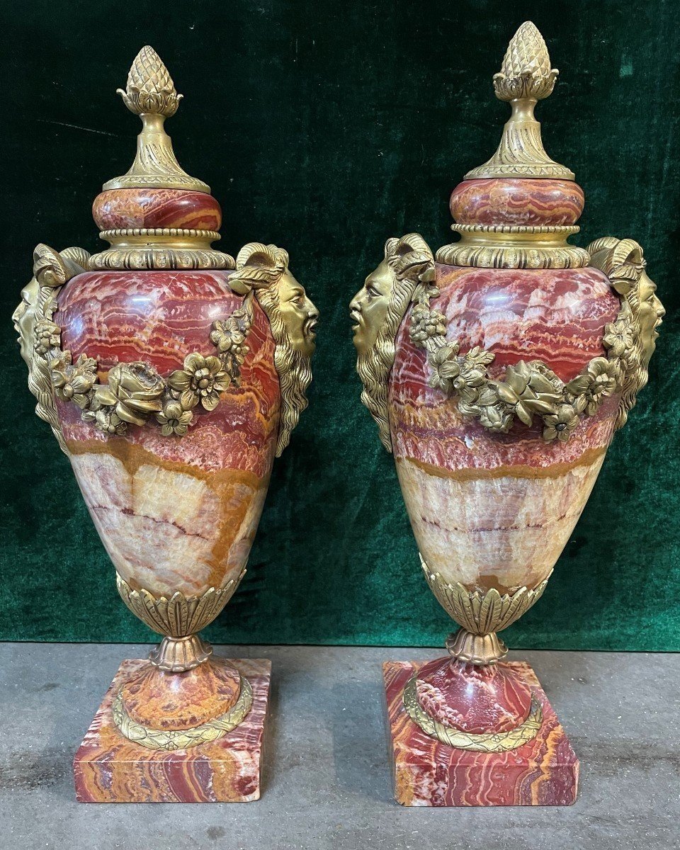 Pair Of Large Beautifully Coloured Marble Cassolettes 19th Century (56 Cm).-photo-3