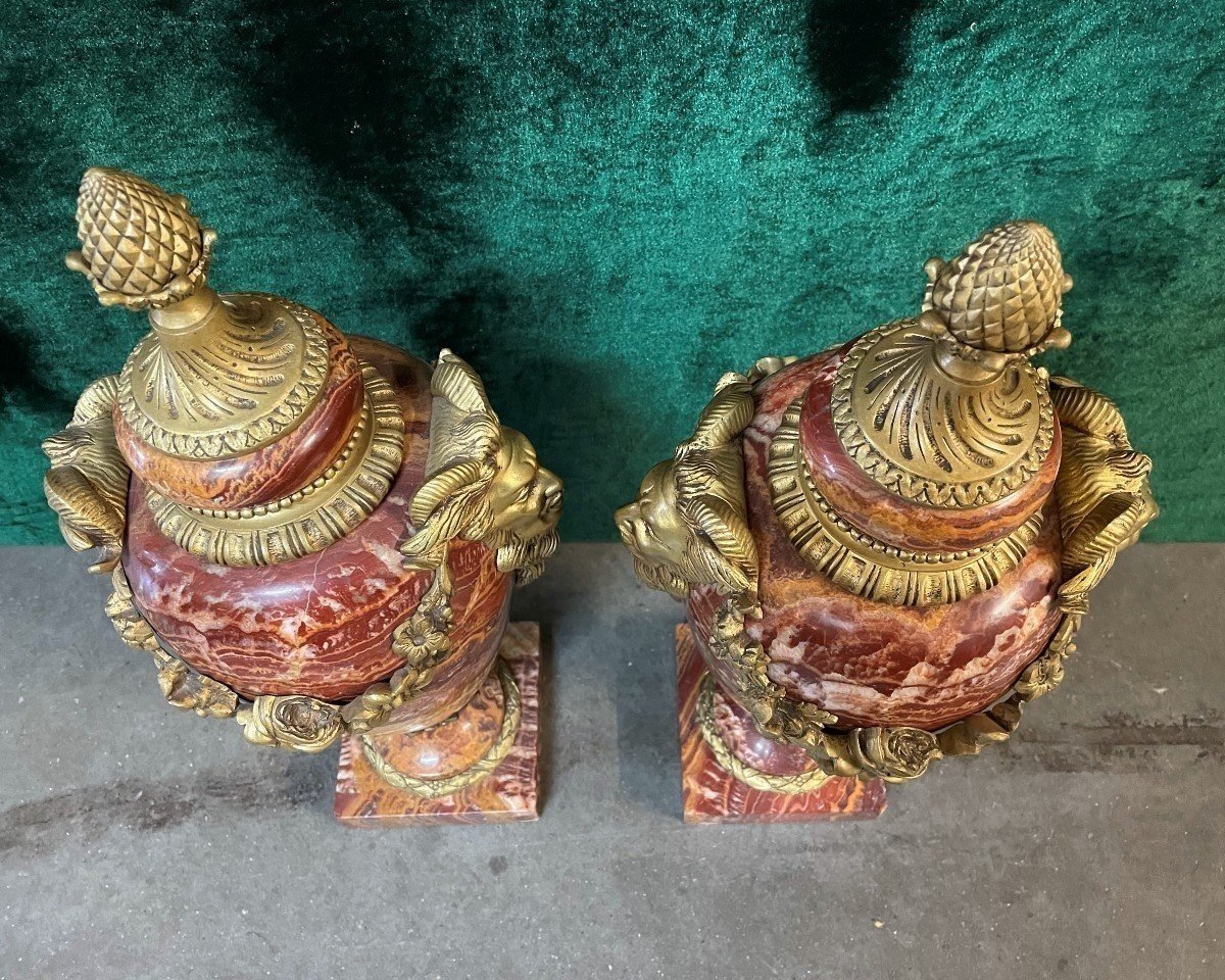 Pair Of Large Beautifully Coloured Marble Cassolettes 19th Century (56 Cm).-photo-1