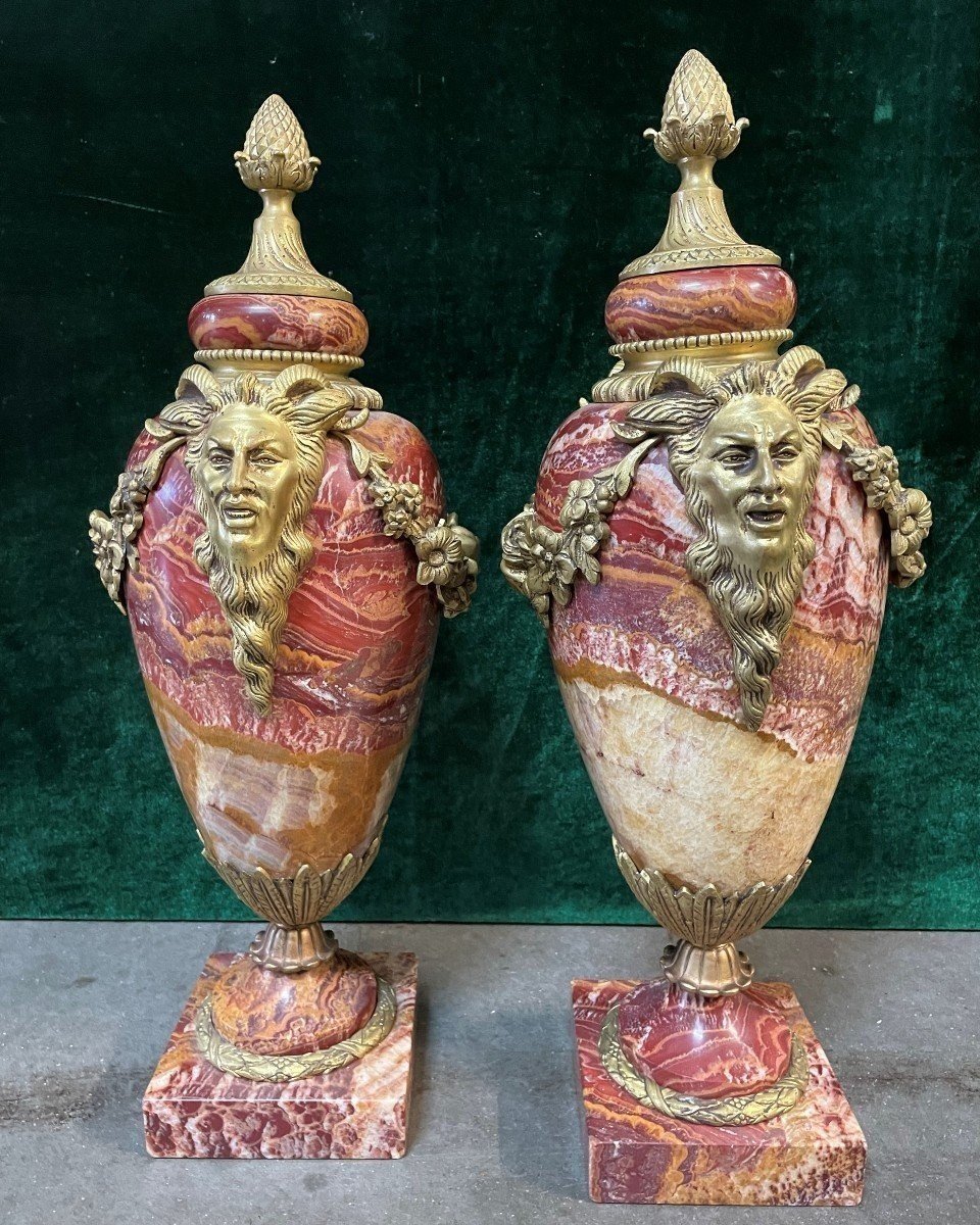 Pair Of Large Beautifully Coloured Marble Cassolettes 19th Century (56 Cm).-photo-6