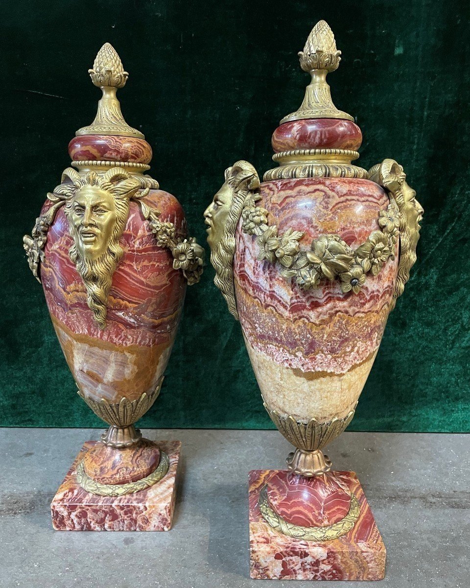 Pair Of Large Beautifully Coloured Marble Cassolettes 19th Century (56 Cm).-photo-8