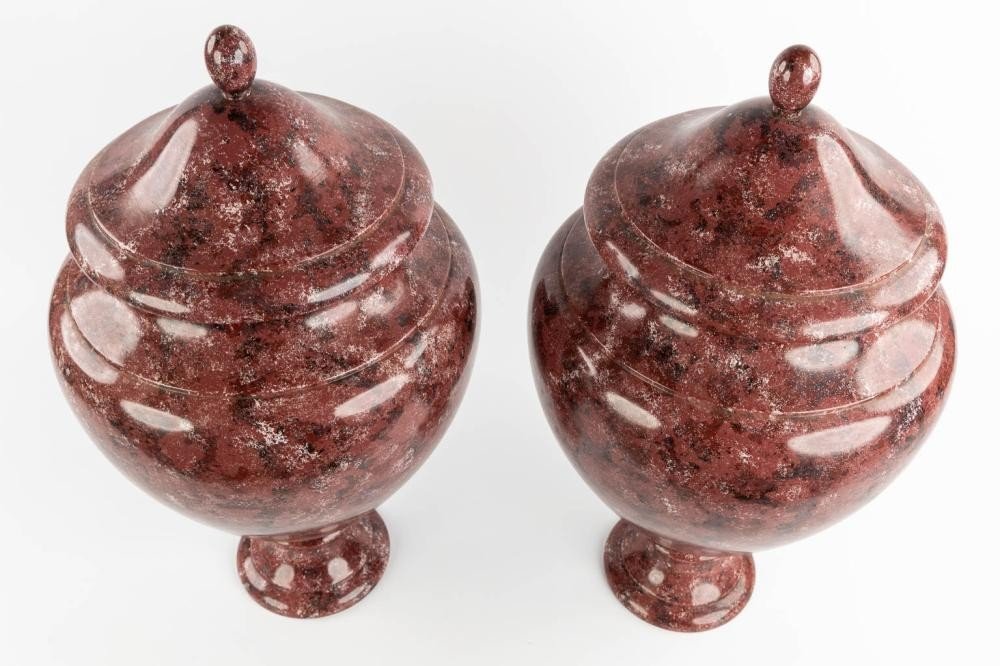 Pair Of Wooden Lidded Vases Painted In Imitation Of Porphyry, 20th Century. (62 Cm)-photo-2