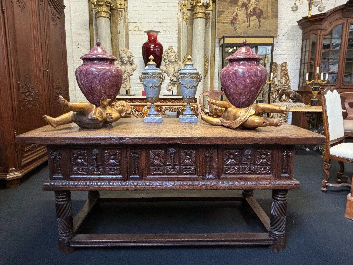 Pair Of Wooden Lidded Vases Painted In Imitation Of Porphyry, 20th Century. (62 Cm)-photo-7