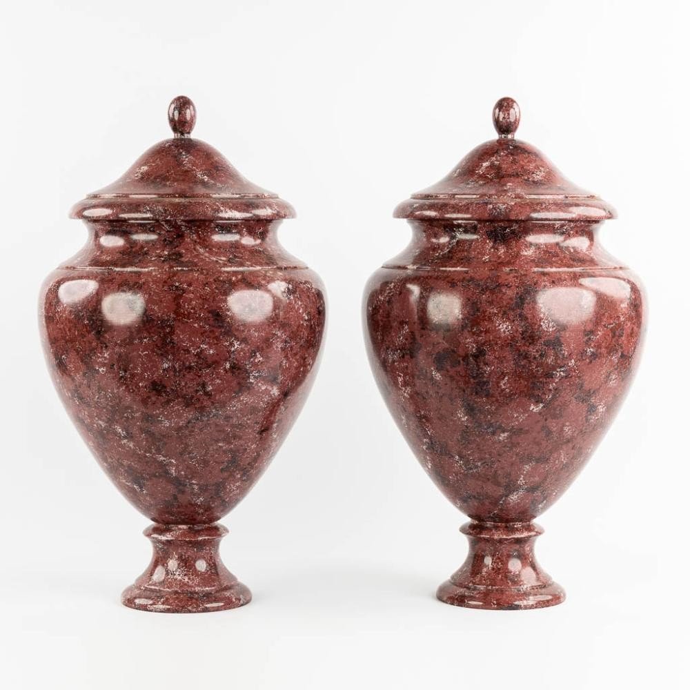 Pair Of Wooden Lidded Vases Painted In Imitation Of Porphyry, 20th Century. (62 Cm)