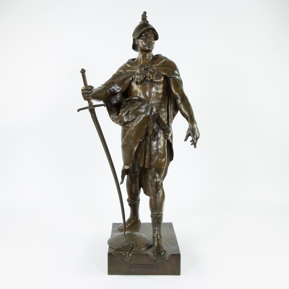 Grande Sculpture En Bronze " Le Devoir " Honor Patria Par E.picault 19ème ( 78 Cm ).