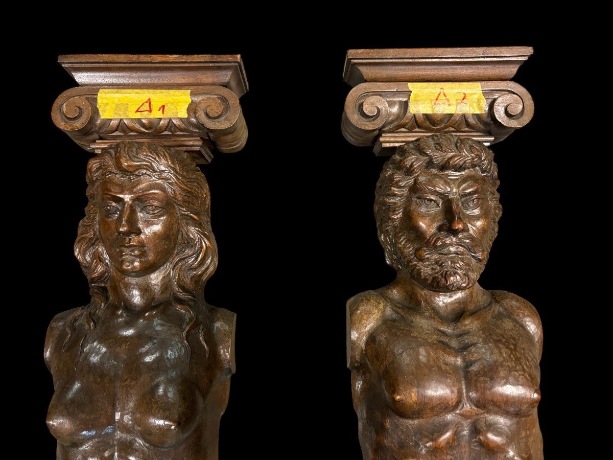 Pair Of Large Walnut Caryatids From The Late 19th Century. (140 Cm)-photo-2