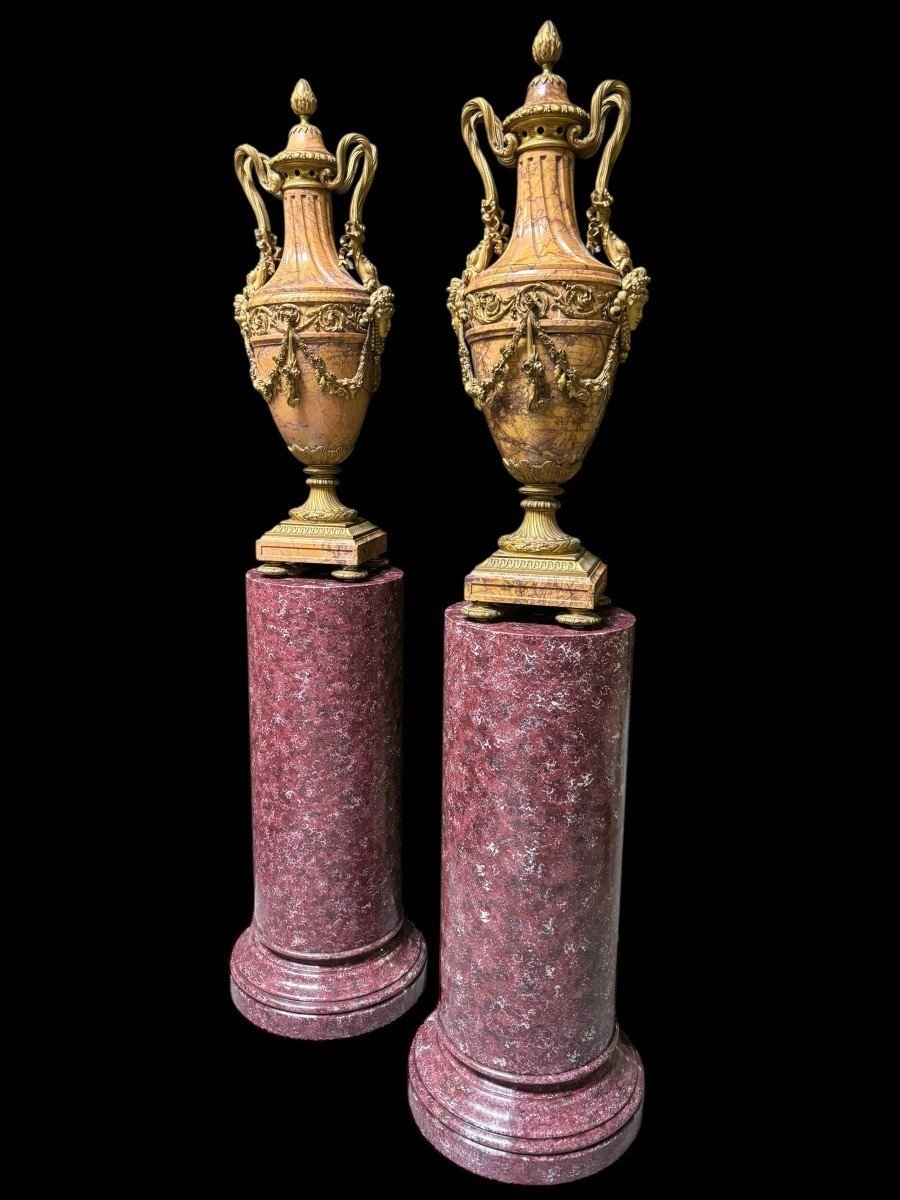 Pair Of Large 19th Century Marble And Gilt Bronze Castle Vases (80 Cm!)-photo-8