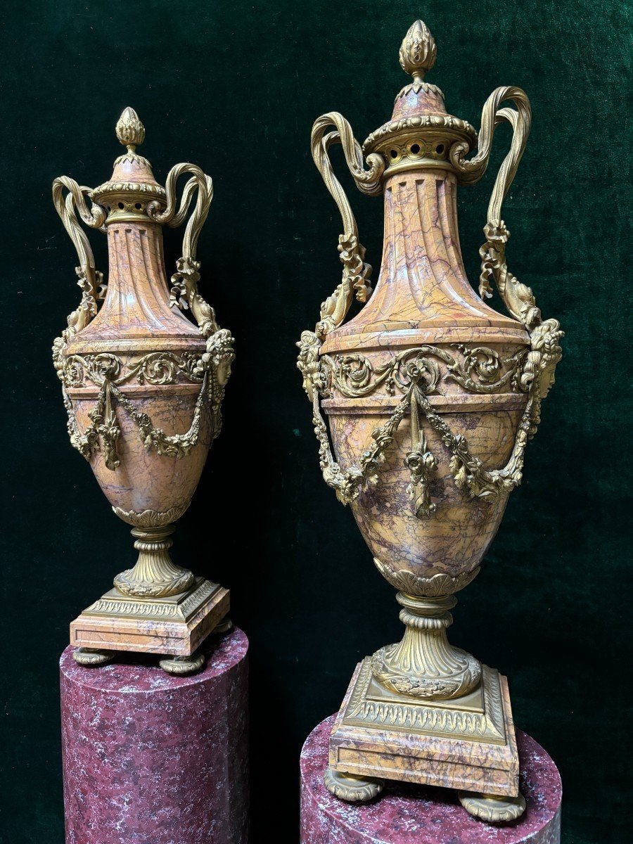 Pair Of Large 19th Century Marble And Gilt Bronze Castle Vases (80 Cm!)