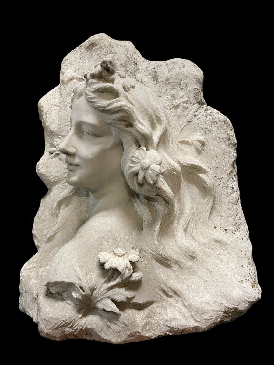 Sculpture  Art Nouveau En Marbre Blanc Représentant Une Jeune Femme-photo-8