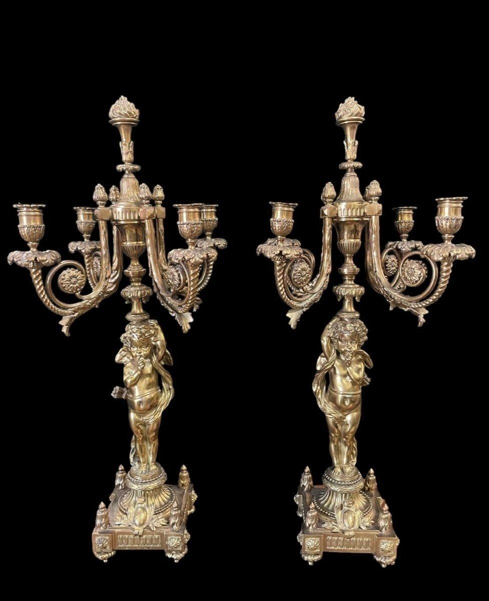 Pair Of Large Candelabra With Angels In Bronze 19th Century (76 Cm)-photo-2