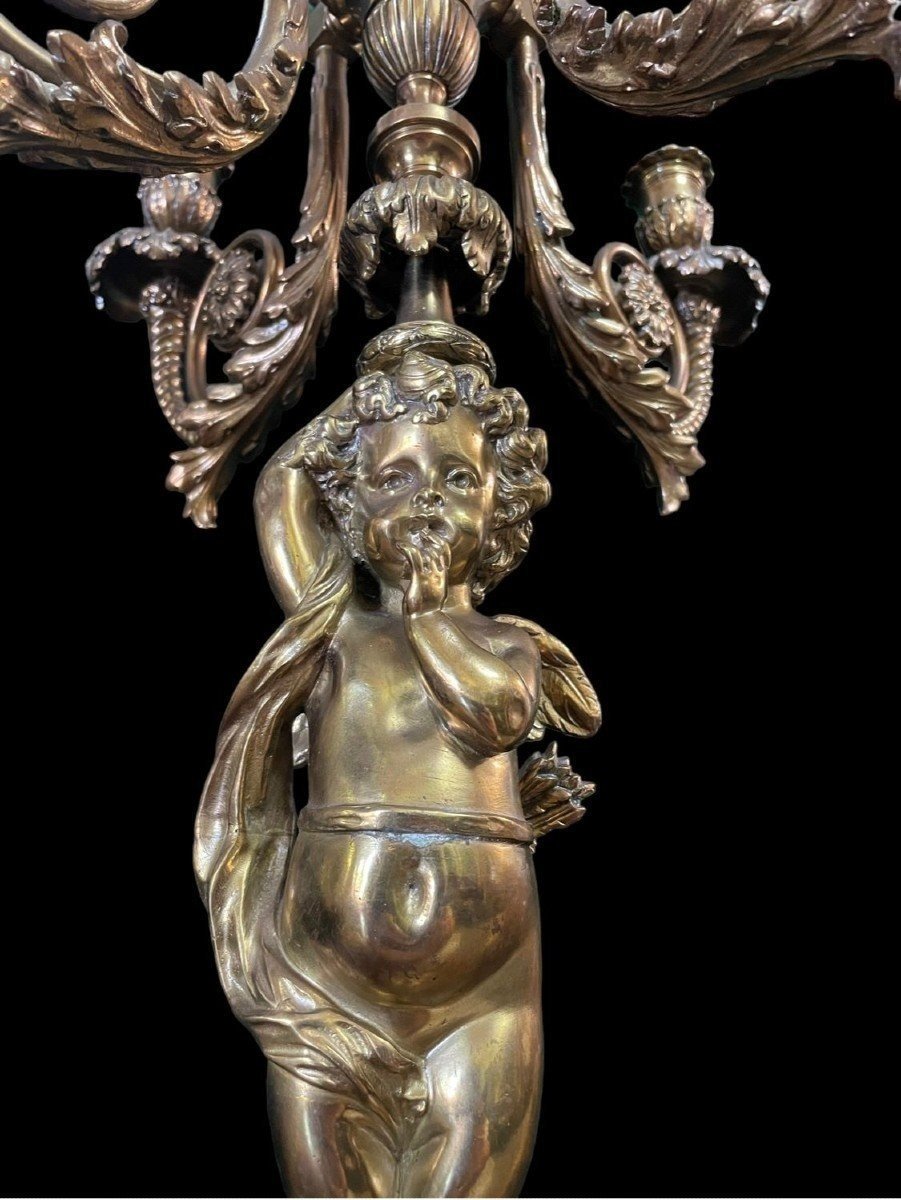 Pair Of Large Candelabra With Angels In Bronze 19th Century (76 Cm)-photo-4