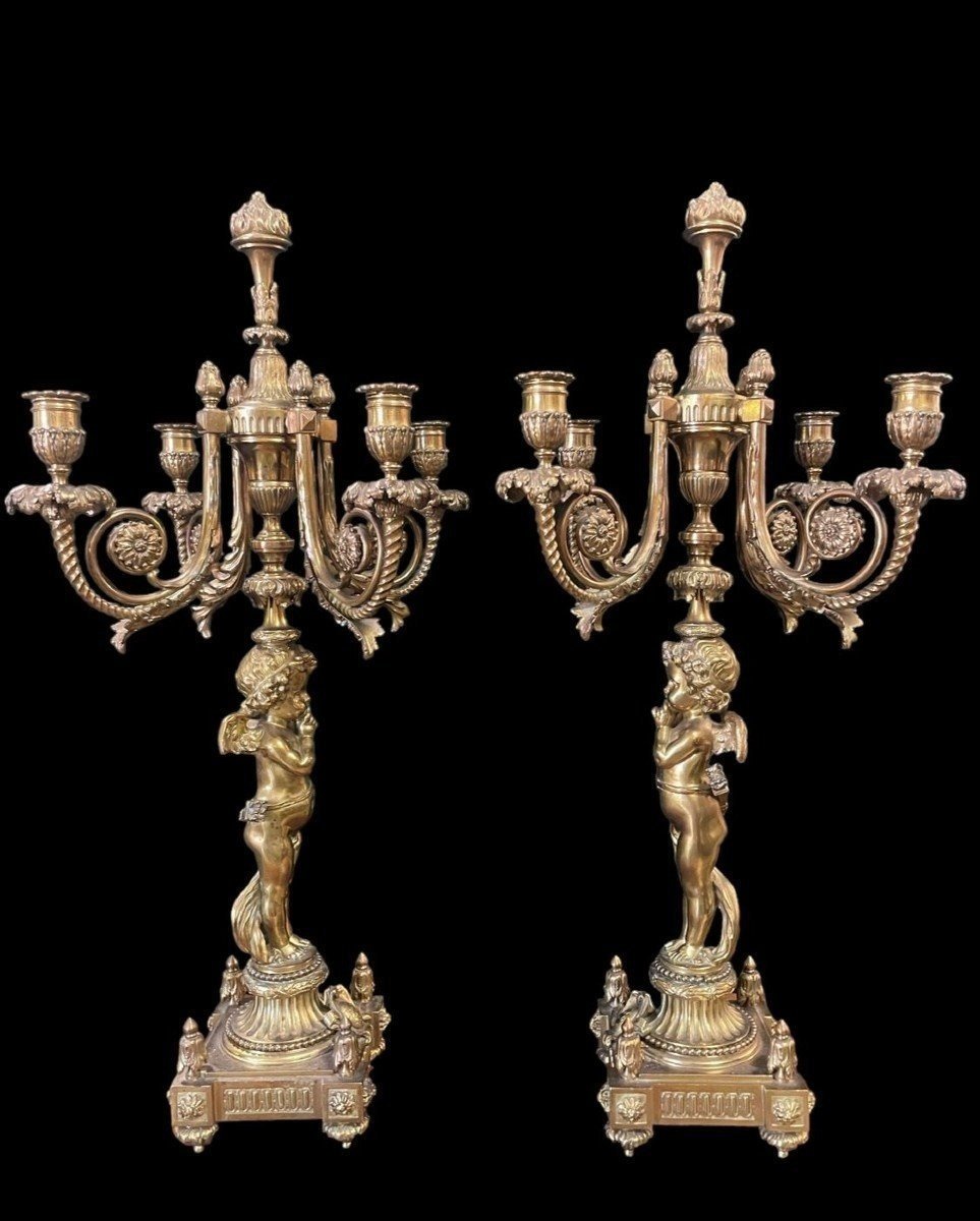 Pair Of Large Candelabra With Angels In Bronze 19th Century (76 Cm)-photo-1