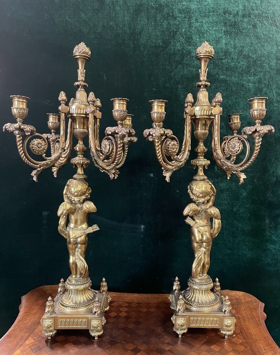 Pair Of Large Candelabra With Angels In Bronze 19th Century (76 Cm)-photo-8