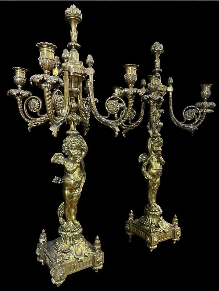 Pair Of Large Candelabra With Angels In Bronze 19th Century (76 Cm)