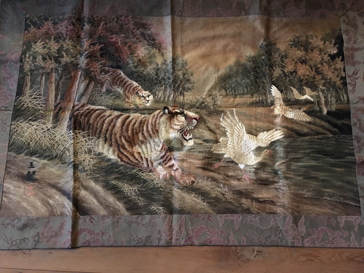 Three Very Beautiful Signed Silk Tapestries (japan) -photo-2