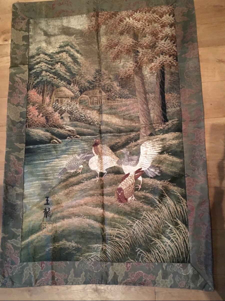 Three Very Beautiful Signed Silk Tapestries (japan) -photo-3