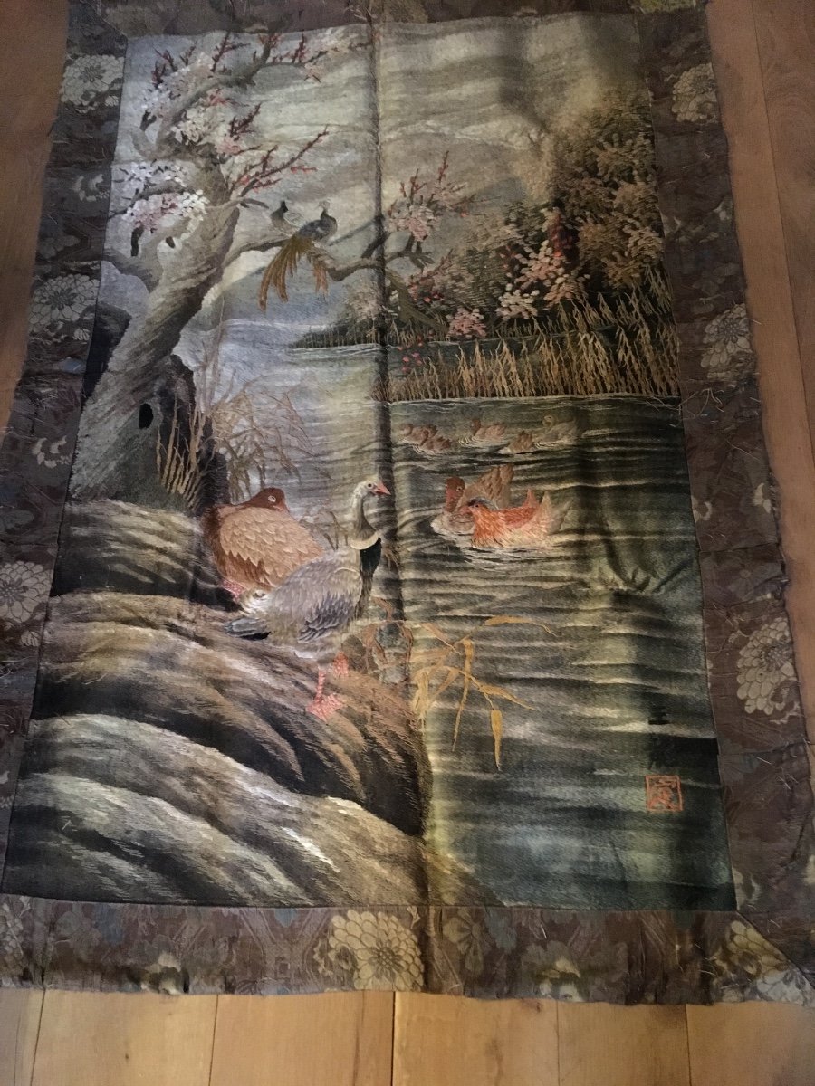 Three Very Beautiful Signed Silk Tapestries (japan) -photo-4