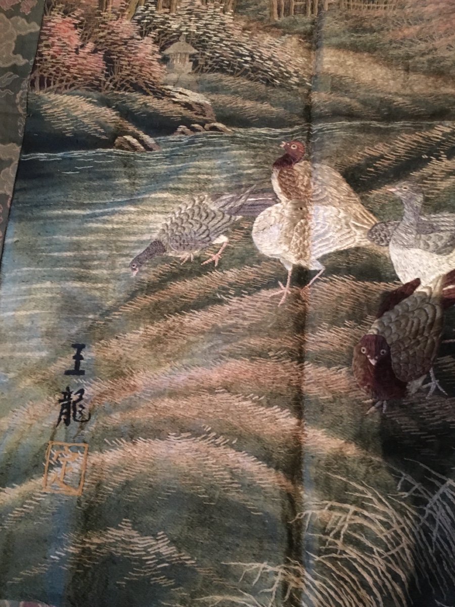 Three Very Beautiful Signed Silk Tapestries (japan) -photo-3