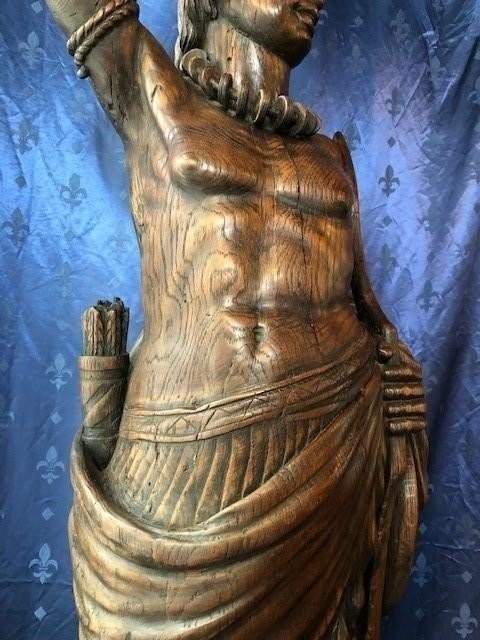 Large Decorative Sculpture "caritide" In Oak 19th Century (198 Cm).-photo-4