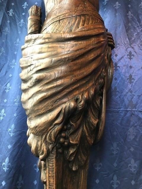 Large Decorative Sculpture "caritide" In Oak 19th Century (198 Cm).-photo-1