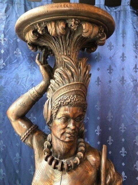 Large Decorative Sculpture "caritide" In Oak 19th Century (198 Cm).-photo-3