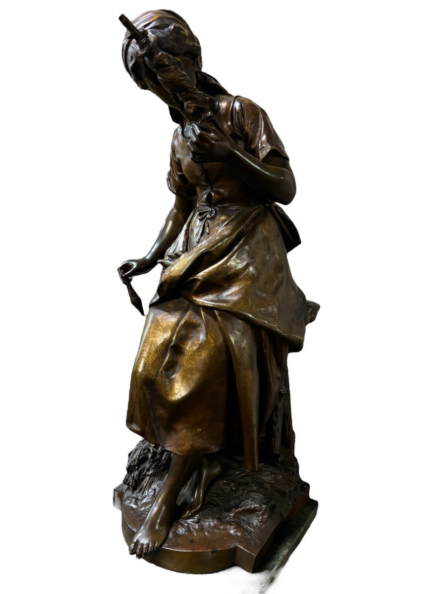 Grande Sculpture En Bronze « La Fileuse » De Math.moreau 19ème. ( 73,5 cm )-photo-3