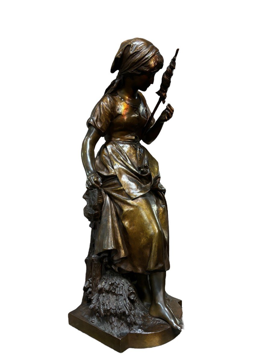 Grande Sculpture En Bronze « La Fileuse » De Math.moreau 19ème. ( 73,5 cm )