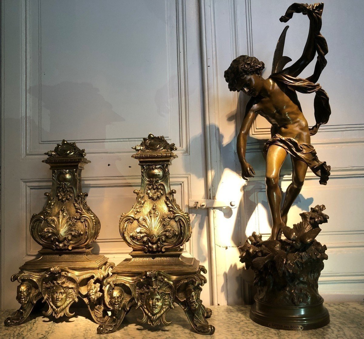 Pair Of 19th Century Bronze Castle Andirons.-photo-1