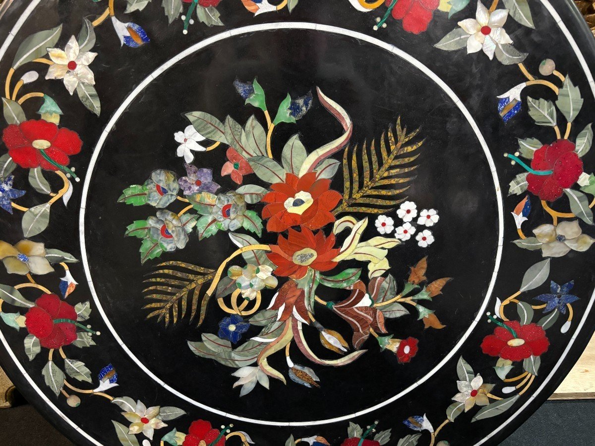 Large Round Italian Pietra Dura Table Top With Floral, 20thc.-photo-2