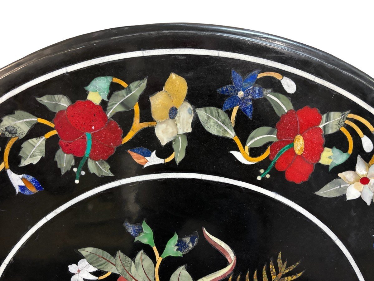 Large Round Italian Pietra Dura Table Top With Floral, 20thc.-photo-1