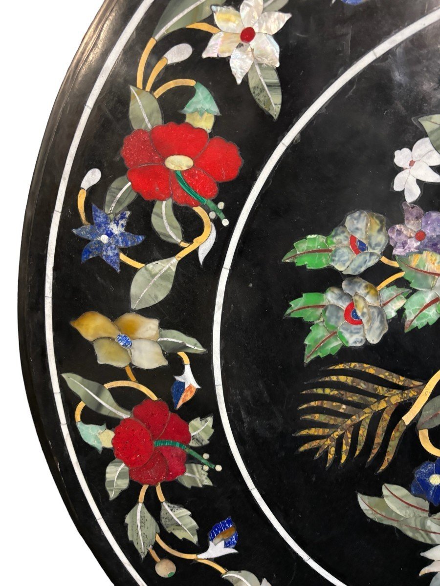 Large Round Italian Pietra Dura Table Top With Floral, 20thc.-photo-2