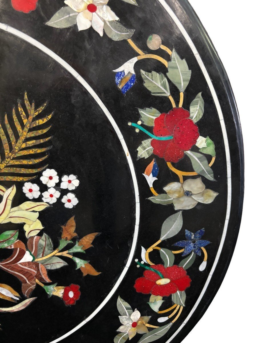 Large Round Italian Pietra Dura Table Top With Floral, 20thc.-photo-4