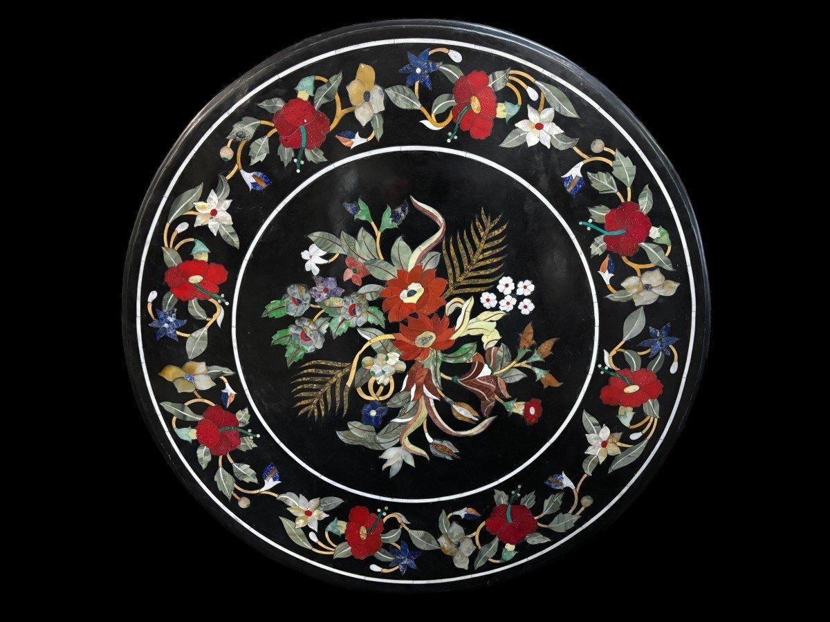 Large Round Italian Pietra Dura Table Top With Floral, 20thc.-photo-7